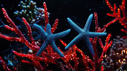 Vibrant coral branches and starfish create an underwater wonderland at night