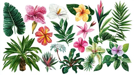 Colorful Tropical Flowers and Plants Collection in Botanical Style