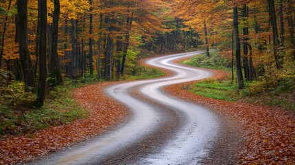 Fototapeta premium A winding road meanders through a picturesque forest showcasing stunning autumn foliage. Bright leaves create a colorful canopy over the path, offering a peaceful atmosphere
