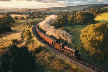 Steam train, curving track, autumnal countryside.