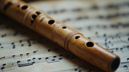A bamboo flute is beautifully placed on a sheet of music, showcasing fine craftsmanship. The surrounding area allows for additional text or graphics if needed