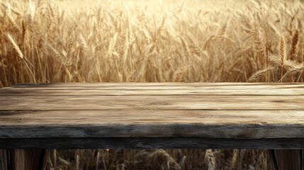 Sunlight casts a warm glow over a rustic wooden table set against a backdrop of ripe golden wheat. The tranquil atmosphere is perfect for creative designs or inspirational quotes