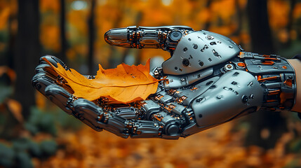 Robotic hand holding autumn leaf in forest: artificial intelligence and nature