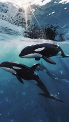 Orcas swimming underwater in a vibrant ocean scene