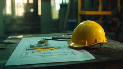 A yellow hard hat rests alongside architectural blueprints, pencils, and a tape measure on a workspace. Bright light filters through windows, illuminating the tools