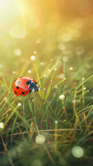 Butterfly on grass in sunny nature with glowing bokeh