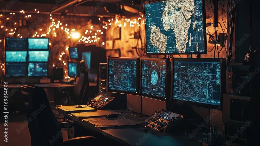 Poster high-tech monitoring room with advanced screens and data visualization