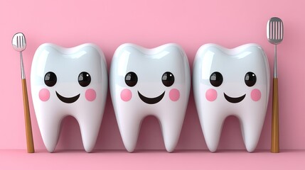 Fototapeta premium Three happy cartoon teeth with tongue cleaner on pink background.