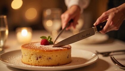 Elegant dessert cake being sliced at formal dinner table, celebration