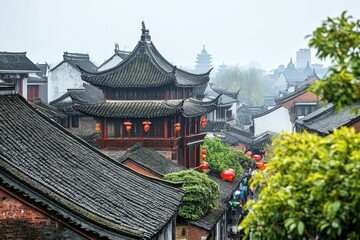 Naklejka premium Ancient town, tiered roofs, red lanterns, misty day.