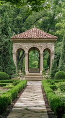 Serene Garden Pavilion Surrounded by Lush Greenery and Pathway