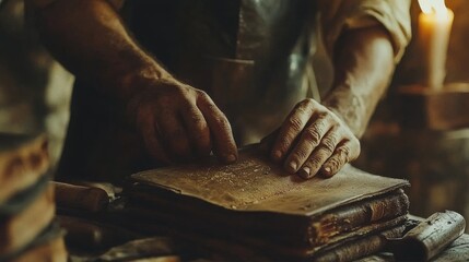 Photo of a hands crafting traditional leather goods, focused on the tools and materials