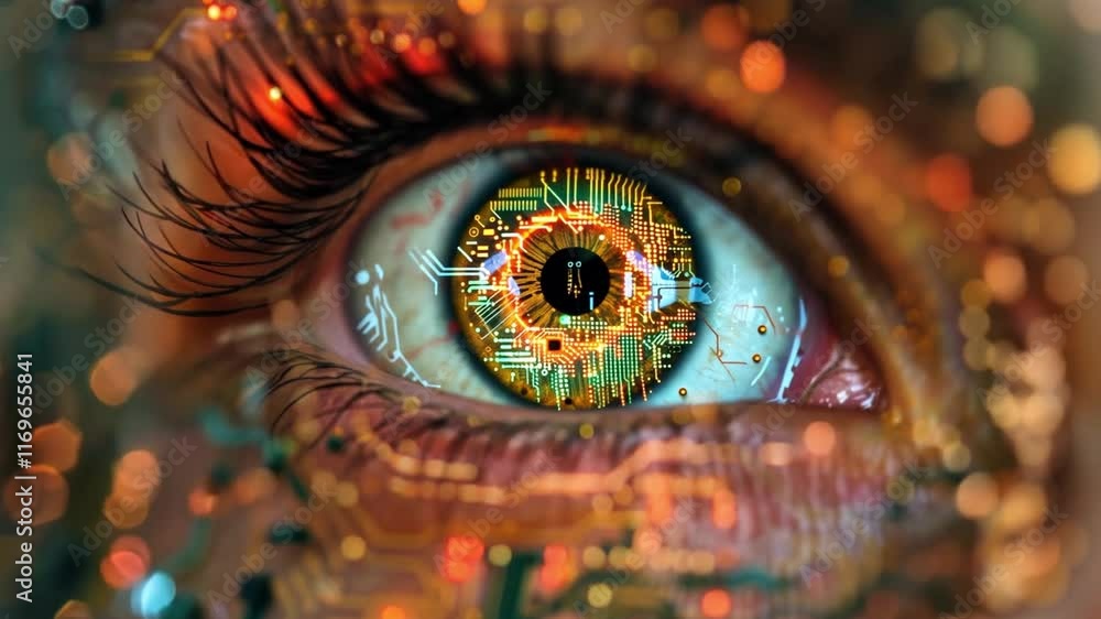 Aufkleber a close-up of an eye features intricate circuit designs and luminous colors that highlight the fusio