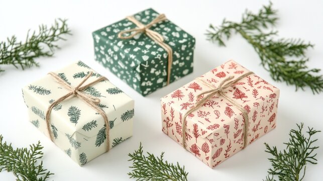 Three small gifts wrapped in festive botanical patterned paper with twine bows, surrounded by evergreen sprigs on white background.