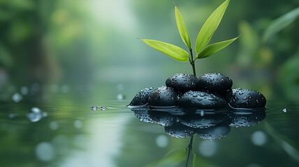 Zen garden with bamboo and stones in tranquil water