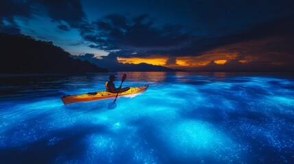 A lone kayaker paddling through a vibrant bioluminescent bay at night, water glowing blue