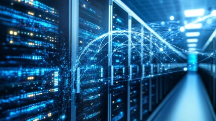 Industrial Data Center with Glowing Network Signals
