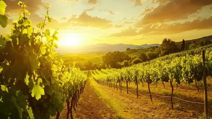 Naklejka premium Sunset Over Vineyard Landscape with Green Grapes and Mountains