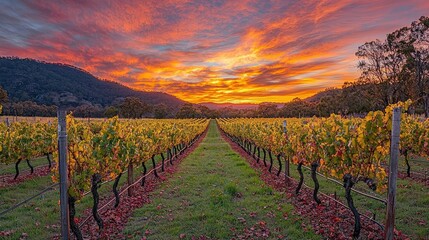 Naklejka premium Majestic Sunset Over Rows of Vibrant Grapevines in Vineyard