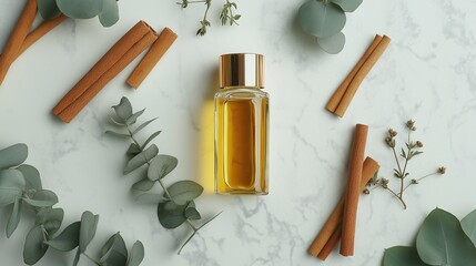 glass bottle filled with golden jojoba oil surrounded by eucalyptus leaves, cinnamon sticks