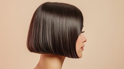 Profile view of a woman with sleek, bobbed hair against a neutral background.