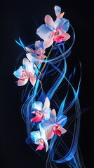 Exotic orchids intertwine with glowing lines on black backdrop