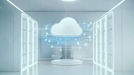 Modern Office with Data Flow Graphics and Bright Lighting