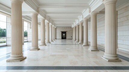 Fototapeta premium Elegant Interior of a Grand Hallway with Tall Columns and Marble Flooring Bathed in Natural Light Creating a Serene Atmosphere for Visitors