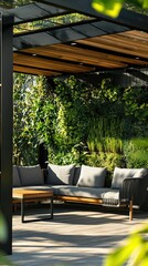 Fototapeta premium Modern outdoor lounge area with lush vertical garden and seating