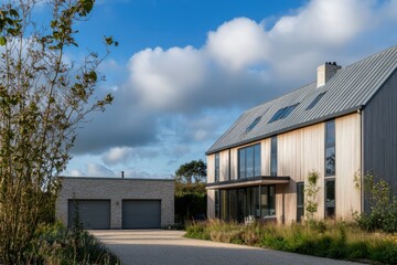 A contemporary wooden house featuring expansive windows is beautifully complemented by lush landscaping, all set against a tranquil blue sky in a peaceful rural environment