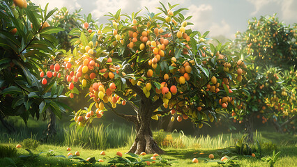 Orange tree in a green sunny orchard