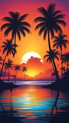 Fototapeta premium Enchanting tropical scene with vivid sunset colors, silhouetted palm trees along peaceful coastline, mountains in background, perfect for promoting vacation, adventure, and escape themes.