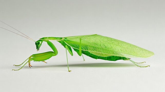   Close-up photo of praying mantis on white background with long string attached to head