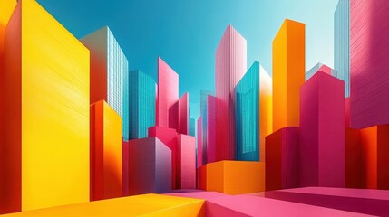 Abstract cityscape, dynamic and vibrant buildings in bold colors, futuristic design with imaginative architectural forms