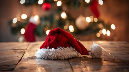 Red Santa hat on a wooden table with lights