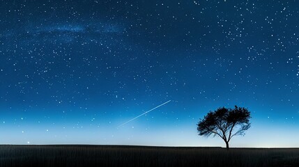   A solitary tree stands amidst a vast field beneath a starlit sky, with a distant shooting star illuminating the darkness