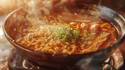 Steaming hot ramen noodles in a black bowl