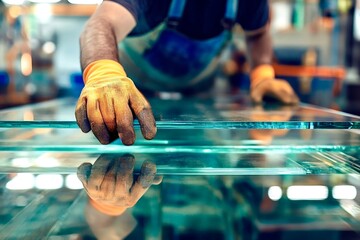 Glazier carefully placing glass pane in factory