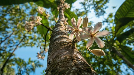Fototapeta premium cocoa tree in full bloom, with delicate white and pink flowers sprouting from the trunk, against a backdrop of dense green jungle and a bright blue sky