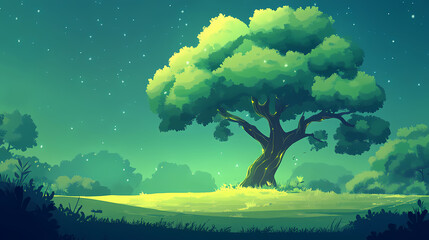 A glowing green tree stands majestically amidst the lush greenery of nature. Sylvan. Illustration