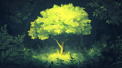 A glowing green tree stands majestically amidst the lush greenery of nature. Sylvan. Illustration