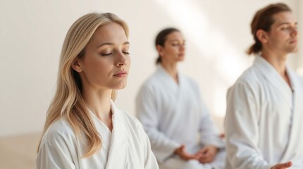 Fototapeta premium mindful woman meditating peacefully with blurred background of two people in a serene studio