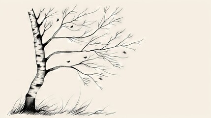  Black and white tree drawing with birds flying in the sky on a white background