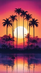 Obraz premium Dramatic sunset illuminating tranquil bay, palm trees swaying gently, vibrant colors reflecting on calm waters, ideal for lifestyle, travel, relaxation visuals, evoking sense of peace and adventure.