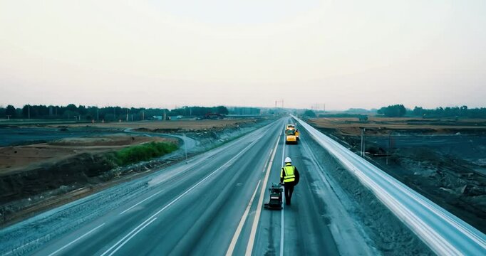 A medium shot of a civil engineer standing on a partially completed road, using a GPS survey tool to check the alignment of the road. In the background
