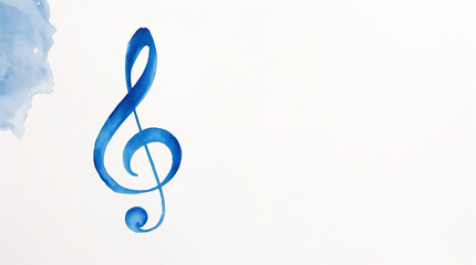blue watercolor treble clef illustration with copy space on white background