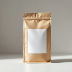 A coffee concept prepared for mockup, with a matte kraft coffee package and blank white label on light background	