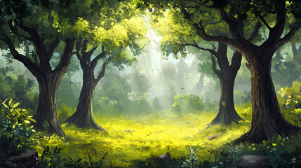 A serene forest scene with misty trees embodying nature's beauty and tranquility. Sylvan. Illustration