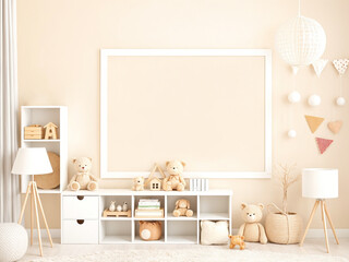 Interior design of stylish kid room space with white shelf, wooden toys, dolls, child accessories, white lamp, cozy decoration and hanging cotton flags on the beige wall. Mockup frame on the wall. 