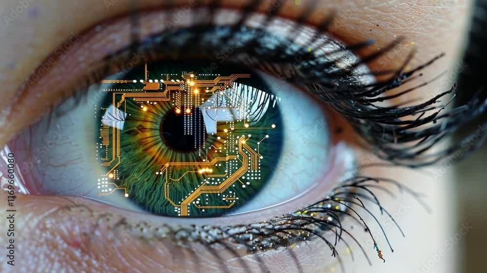 Leinwandbilder A close-up of an eye features intricate circuit patterns reflected in the iris, symbolizing the fusion of human and artificial intelligence in a futuristic context.
